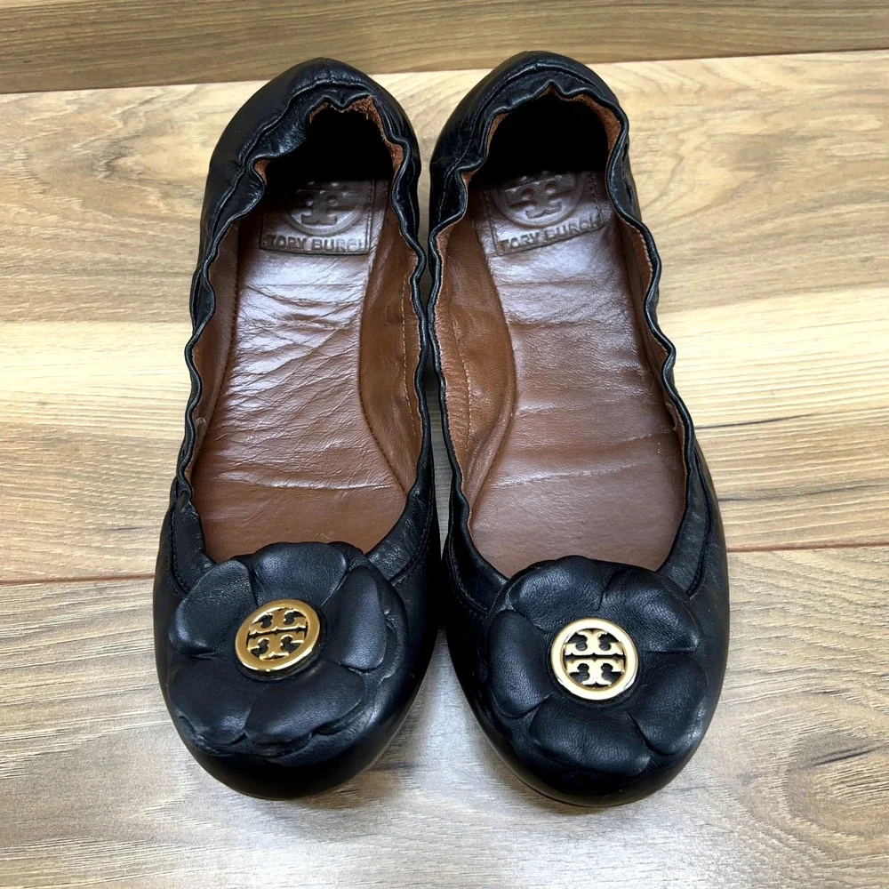 Tory Burch Women Flats 6 M Shelby Black Flower Applique Stretch Ballet
